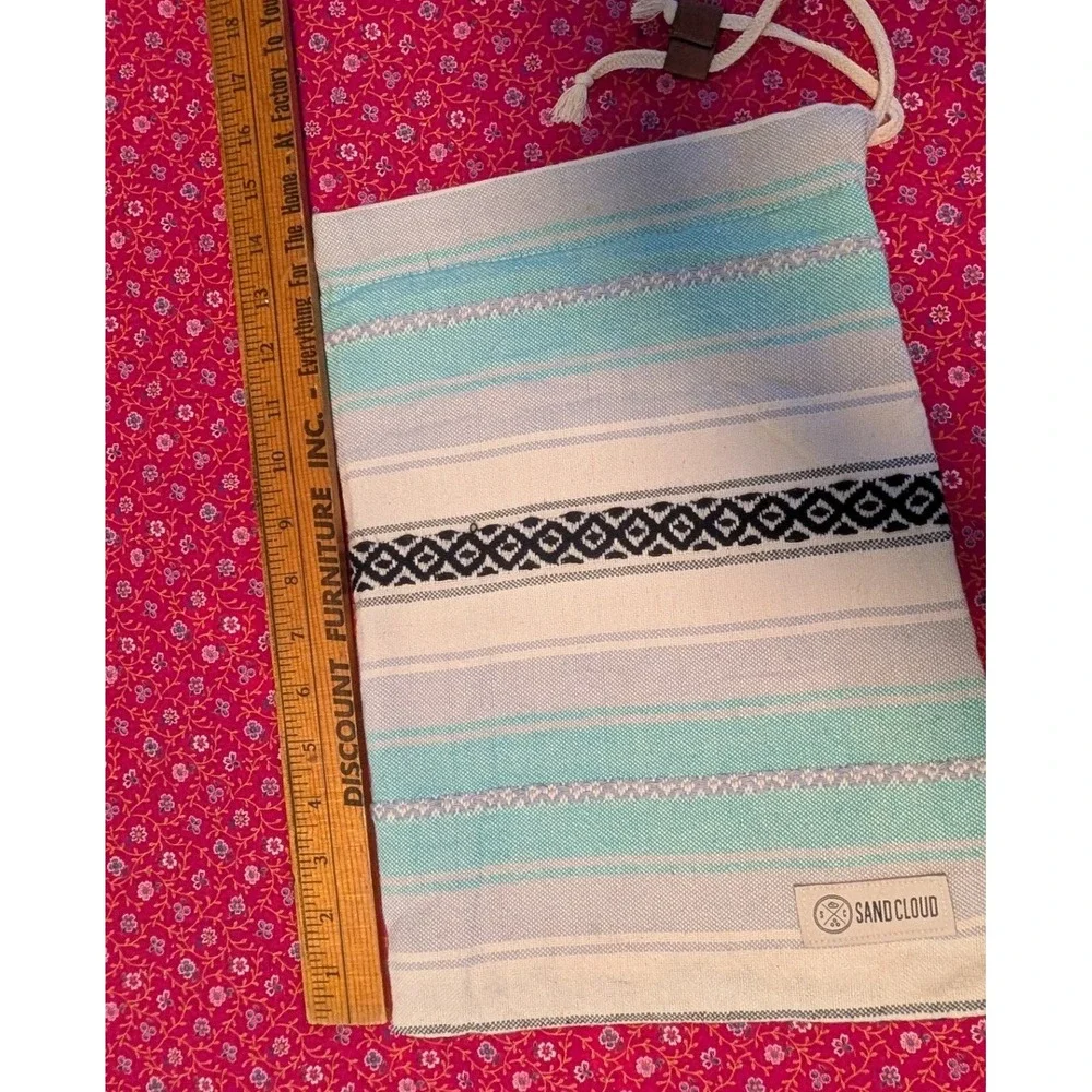 Sand Cloud Woven Drawstring Bag Turquoise Striped Tribal Beach Pouch 17x11